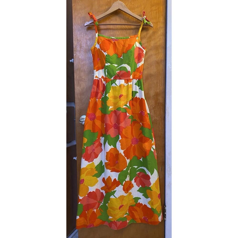 Vtg 60s 70s Malia Honolulu Maxi Dress Psychedelic Floral Sun Neon Hawaiian XS S